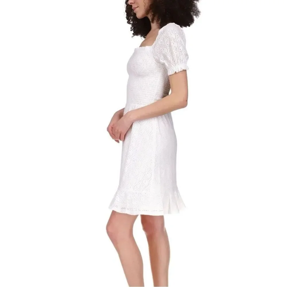 MICHAEL KORS NWT Size L White Eyelet Smocked Puff Sleeve Ruffle Hem Mini Dress